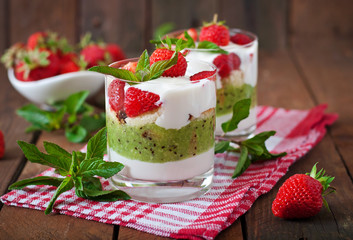 Creamy dessert with strawberries and kiwi