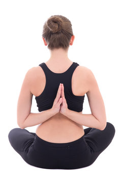 Back View Of Young Woman Doing Yoga Isolated On White