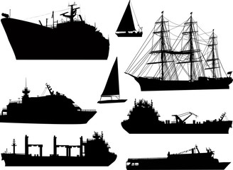 eight different ship silhouettes isolated on white