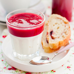 Greek Yogurt with Berry Sauce and Slices of Sweet Bread