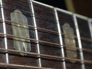 closeup shot of guitar and strings 

