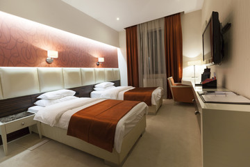 Interior of a luxury double bed hotel bedroom