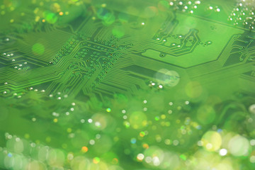 Computer mainboard pathways with soft double exposure bokeh shift