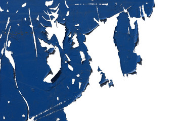Weathered, dry blue color texture, with some rusty spots, isolated on absolute white