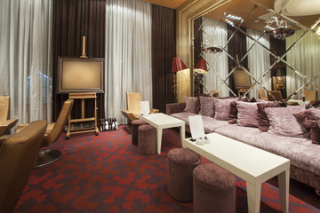 Interior of a hotel lobby with cafe 