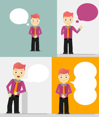 Set of young businessmen with speech bubbles. Talking, thinking