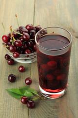 Closeup of fresh juice with sweet cherries on a wooden background