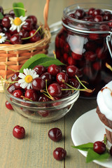 Compote of cherries on wooden background