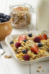 Light, delicious breakfast with cereal and fruit.