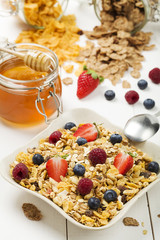 Light, delicious breakfast with cereal and fruit.