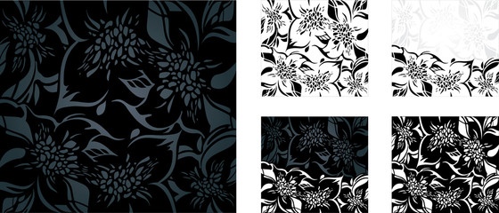 Black and white floral holiday background set with decorative ornaments