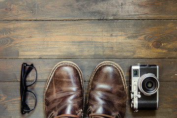 set of cool stuff on wooden backdrop