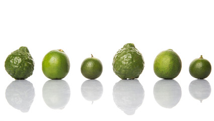 Lime, makrut or kaffir lime and calamansi over white background