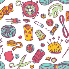 Seamless vector doodle sewing and needlework pattern