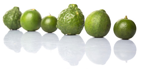 Lime, makrut or kaffir lime and calamansi over white background