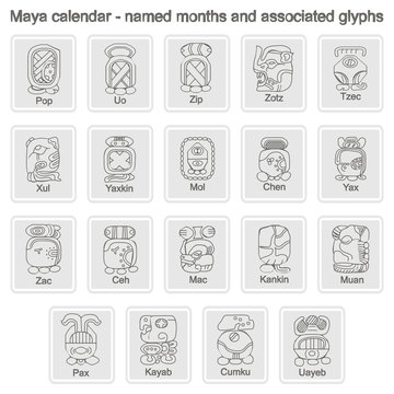 icons with  Maya calendar named month and associated glyphs 