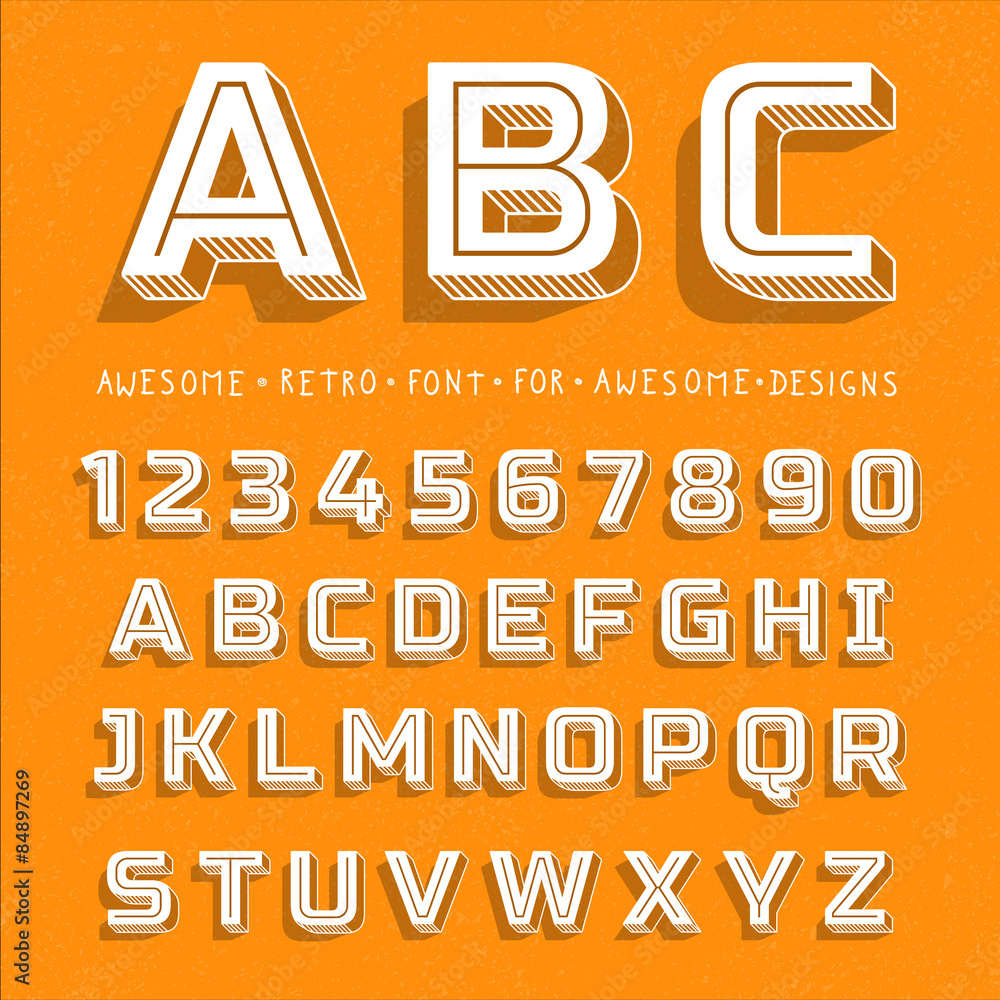 Poster vector retro 3d font with shadow. vintage alphabet on grunge background