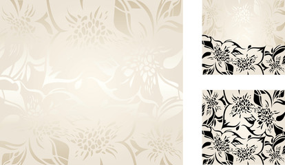 Ecru floral decorative holiday background set with silver and black ornaments