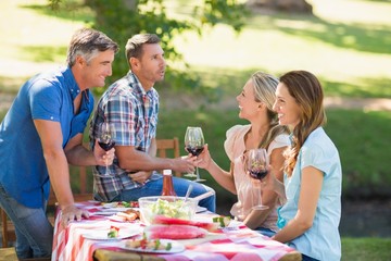 Happy friends toasting at the park 