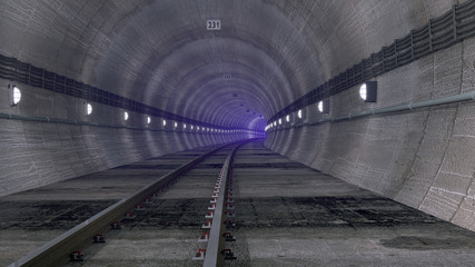 Railway tunnel with purple mist in the distance. Rendered 3d design.