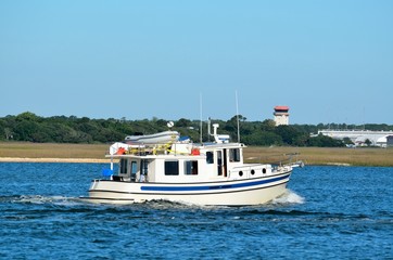 Luxury boat cruising along the river Florida, USA