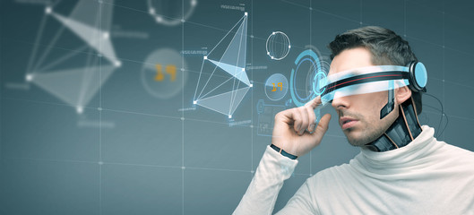 man with futuristic 3d glasses and sensors
