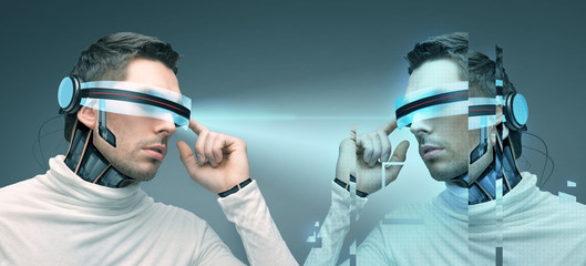 man with futuristic 3d glasses and sensors