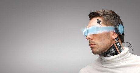 man with futuristic glasses and sensors