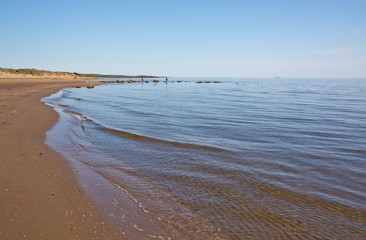 Sandy beach landscape in Falkenberg, Sweden in afternoon sunlight.