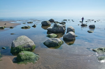Sandy beach landscape with small rocks in Falkenberg, Sweden.