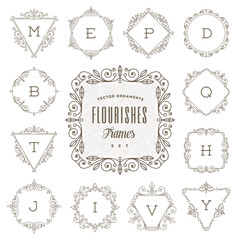 Set of monogram logo template with flourishes calligraphic ornament frames