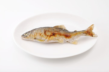 お皿にのせた 鮎の塩焼き 焼き魚 白背景