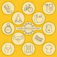 Round outlined health and fitness icons set