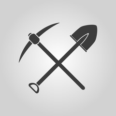 The crossing spade pickax icon. Pickax and excavation, digging, mining symbol. Flat