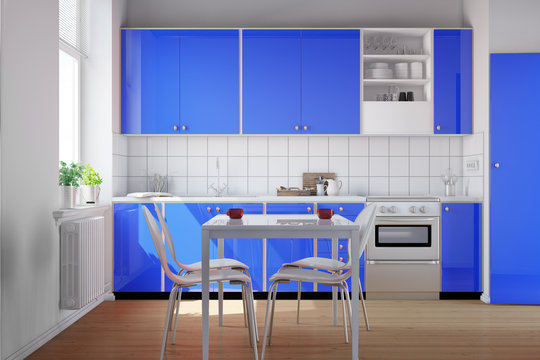 Kleine Küche mit blauer Küchenzeile