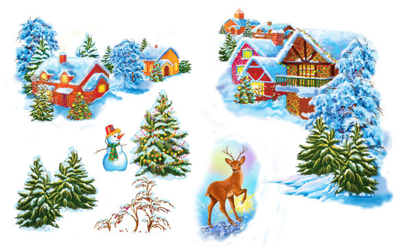 Set cartoon winter landscape  the house and trees for fairy tale  Snow Queen  written by Hans Christian Andersen