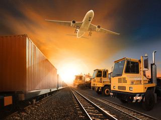 industry container trainst running on railways track plane cargo
