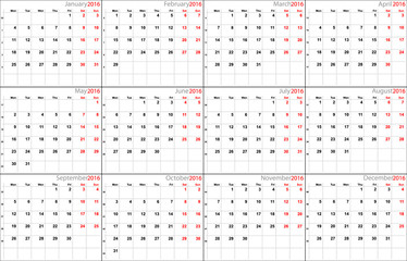Vector calendar for 2016 eurostyle