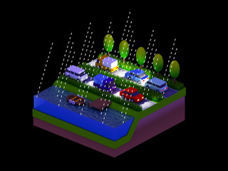  isometric city buildings, landscape, Road and river, night scen