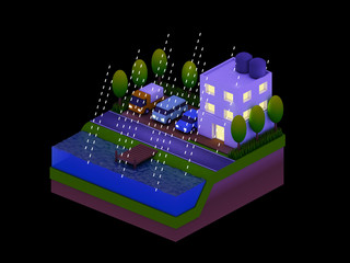 Fototapeta premium isometric city buildings, landscape, Road and river, night scen