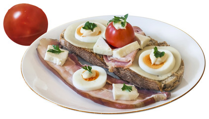 Bacon Sandwich, on porcelain plate, with Tomato, Isolated on White Background.