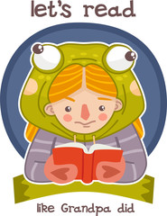 girl dressed as a frog diligently reading a book