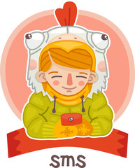 Naklejka premium little girl dressed as a chicken is gaining sms