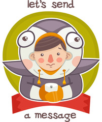boy dressed as a penguin looking in the phone sticker