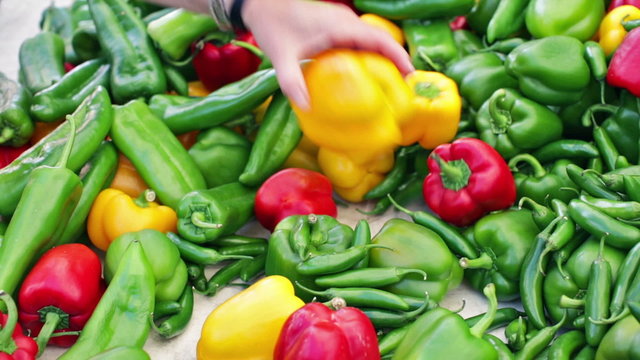 Variety of fresh organic peppers on the table at the local farmer's market.