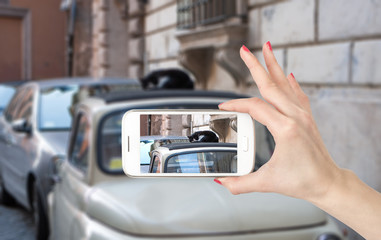 Obraz premium Photo cat on the phone, travel photography.