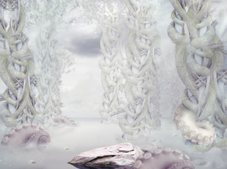 Mystery. Surrealistic Mysterious White Forest