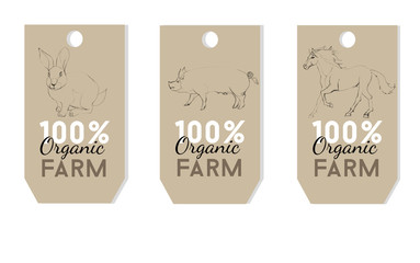 Organic label design. Hand drawing illustration of pig, rabbit , horse
