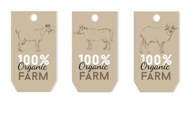 Organic label design. Hand drawing illustration of cow, sheep, goat