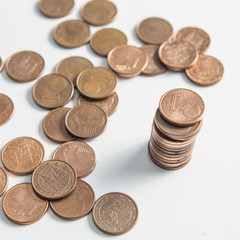 One cent euro coin currency column isolated on a white background
